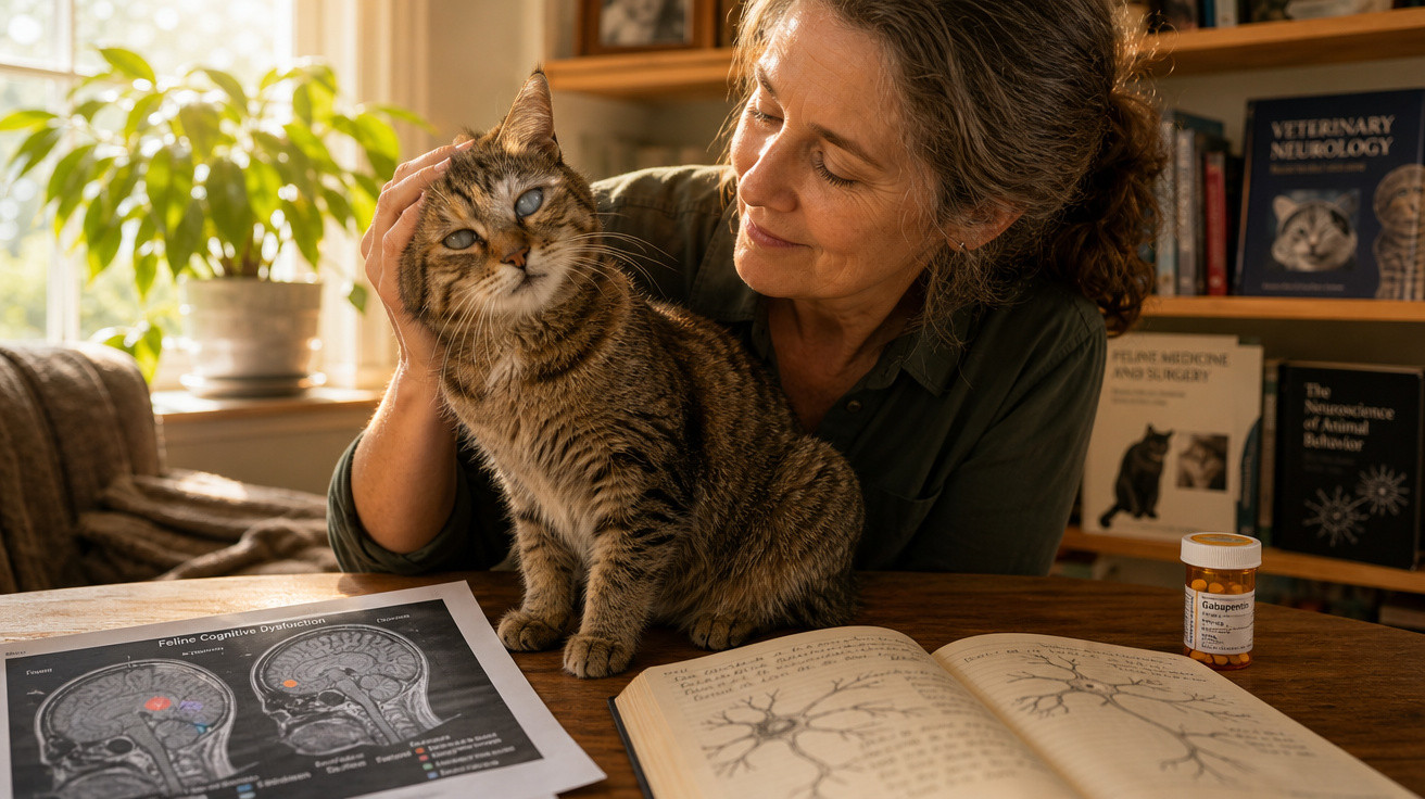 Mulher acaricia gato com olhos nublados numa mesa com livros e imagens sobre neurologia animal.