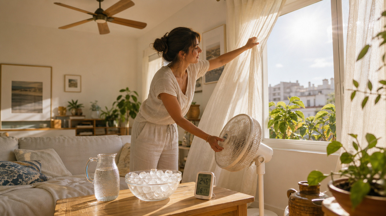 Mulher ajusta cortina para ventilar sala com ventoinha, jarro de água e taça de gelo na mesa.