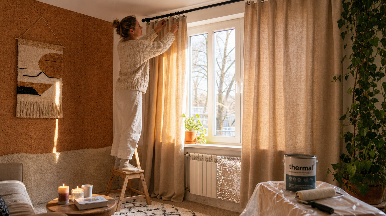 Mulher a colocar cortinas bege junto a janela numa sala acolhedora com plantas e velas acesas.