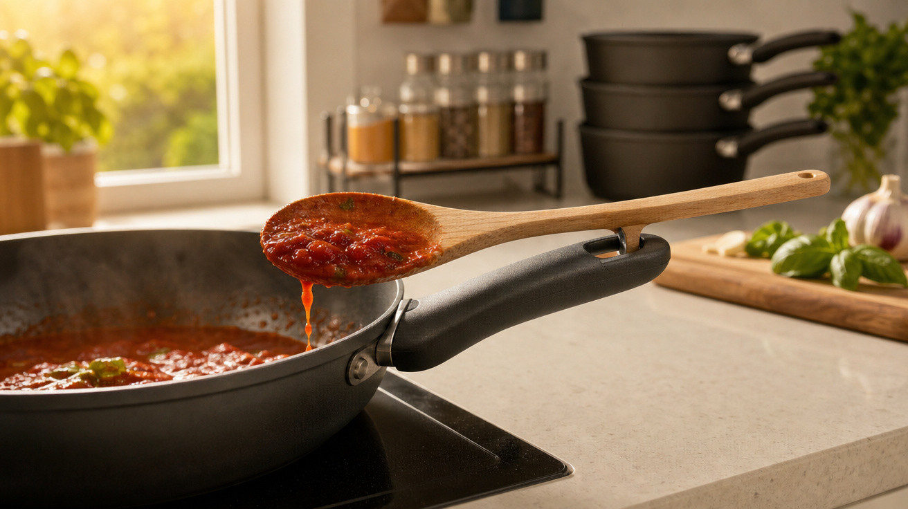 Colher de madeira com molho de tomate fresco no fogão numa cozinha iluminada natural.