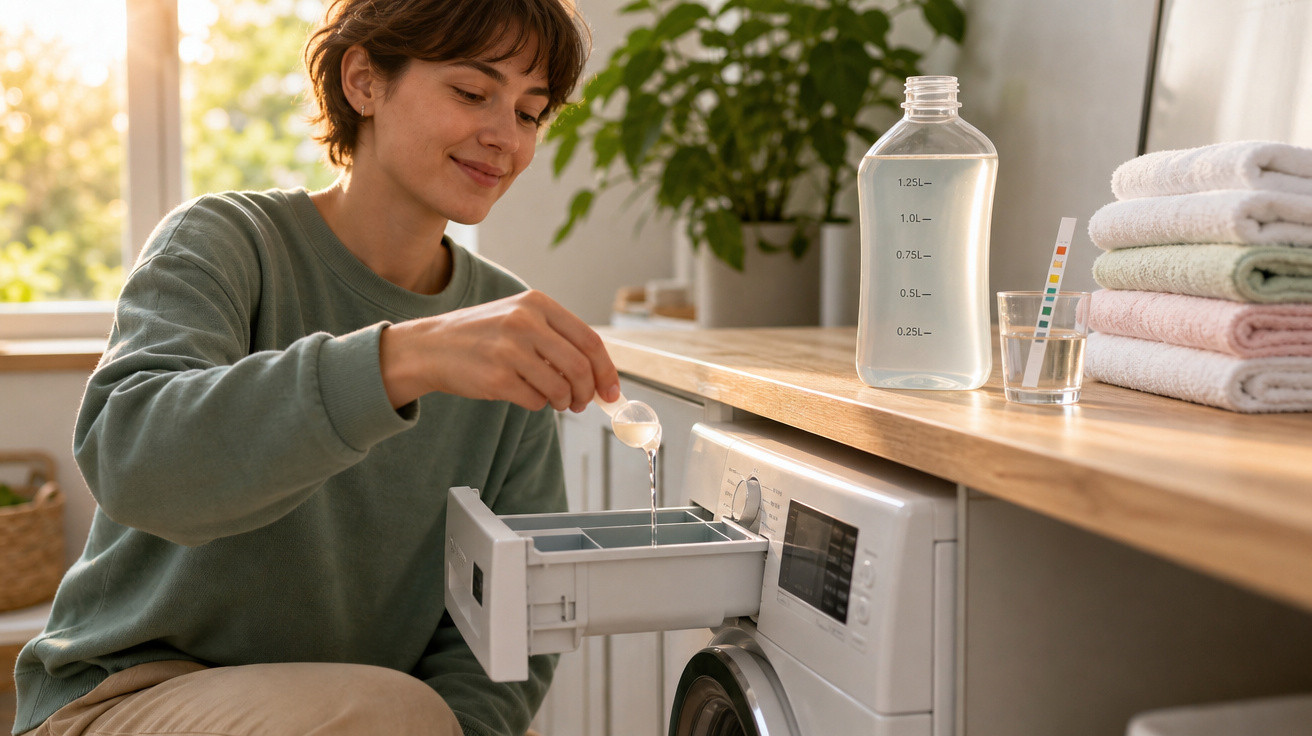 Pessoa a colocar detergente na máquina de lavar roupa numa lavandaria doméstica com toalhas e plantas ao fundo.