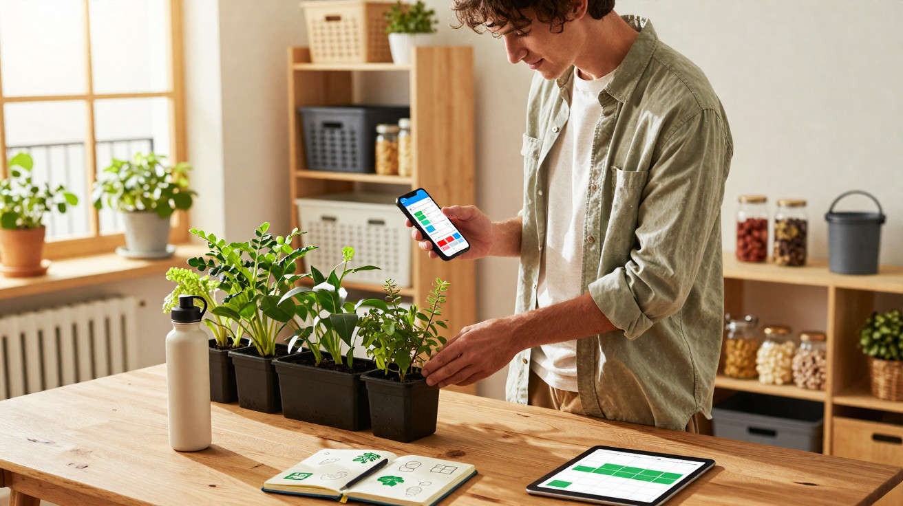 Homem a usar smartphone para monitorizar plantas verdes em vasos pretos numa mesa de madeira com tablets e caderno.