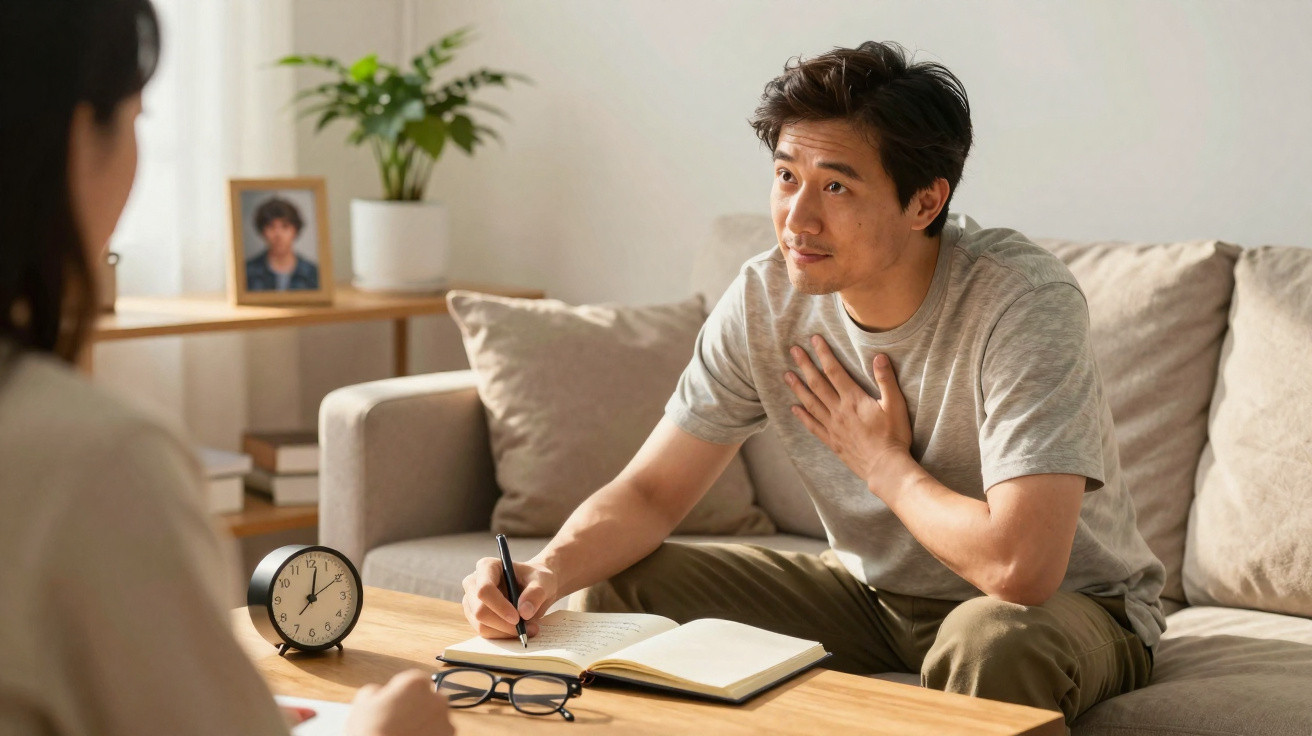 Homem sentado no sofá a escrever num caderno enquanto conversa com outra pessoa.