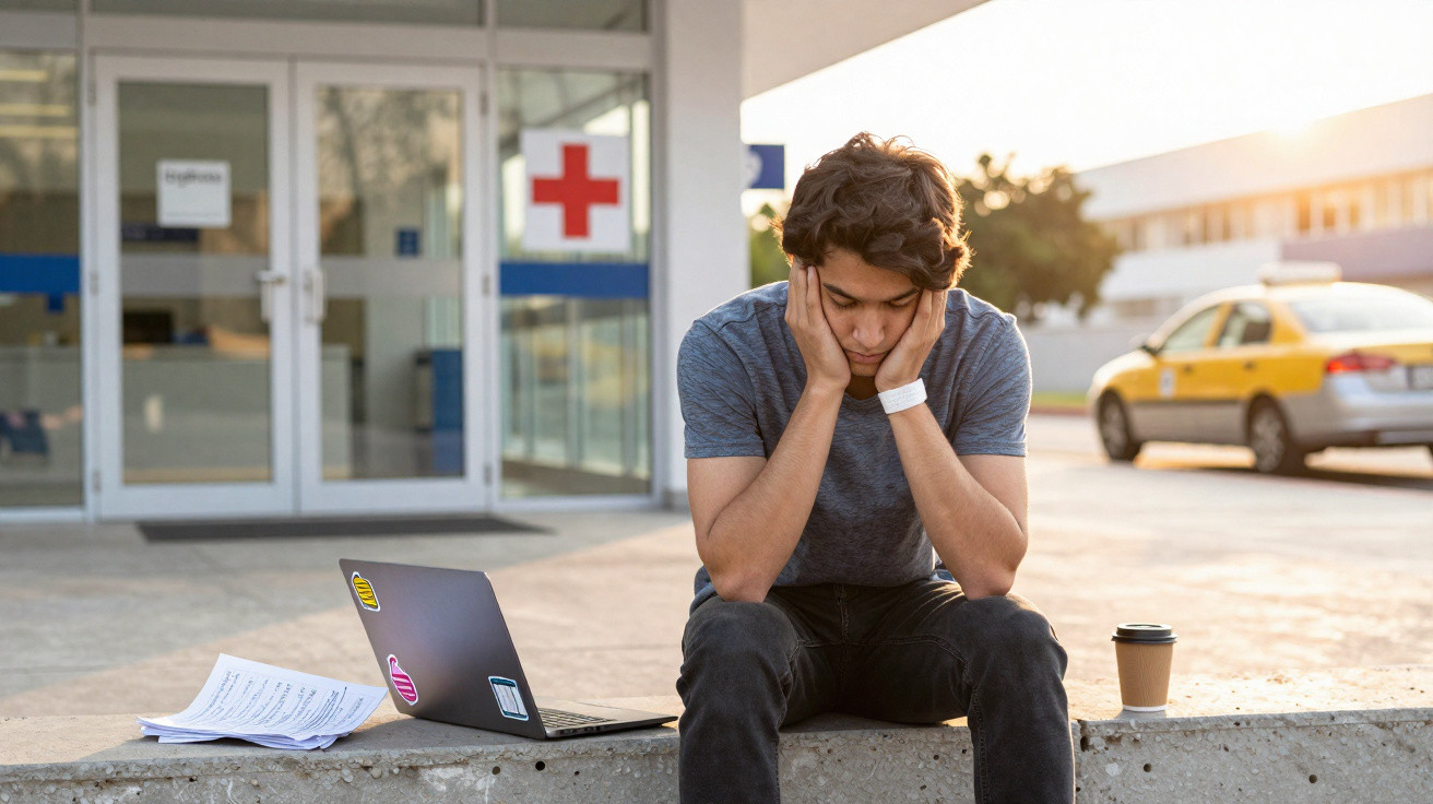 Jovem sentado fora de hospital com expressão preocupada, junto de portátil, papelada e café.