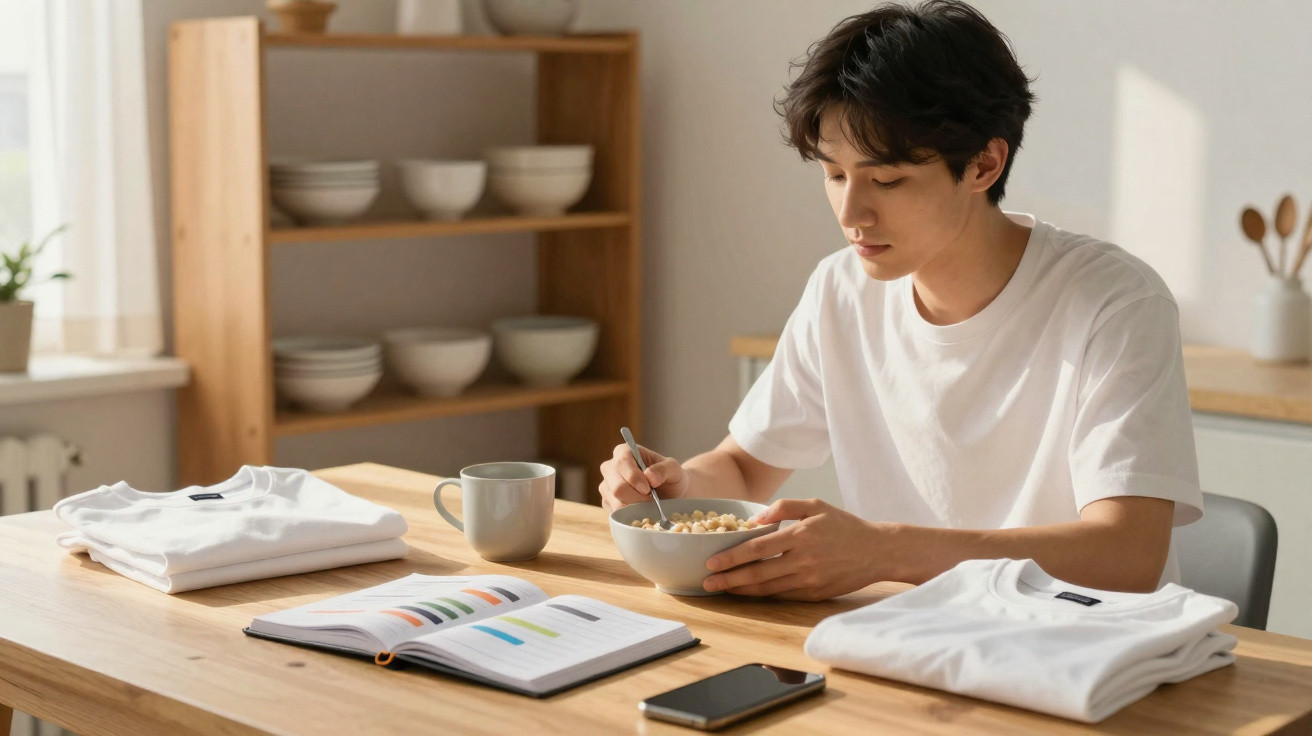 Jovem a comer cereais na cozinha, com livros, roupa e telemóvel sobre a mesa de madeira.