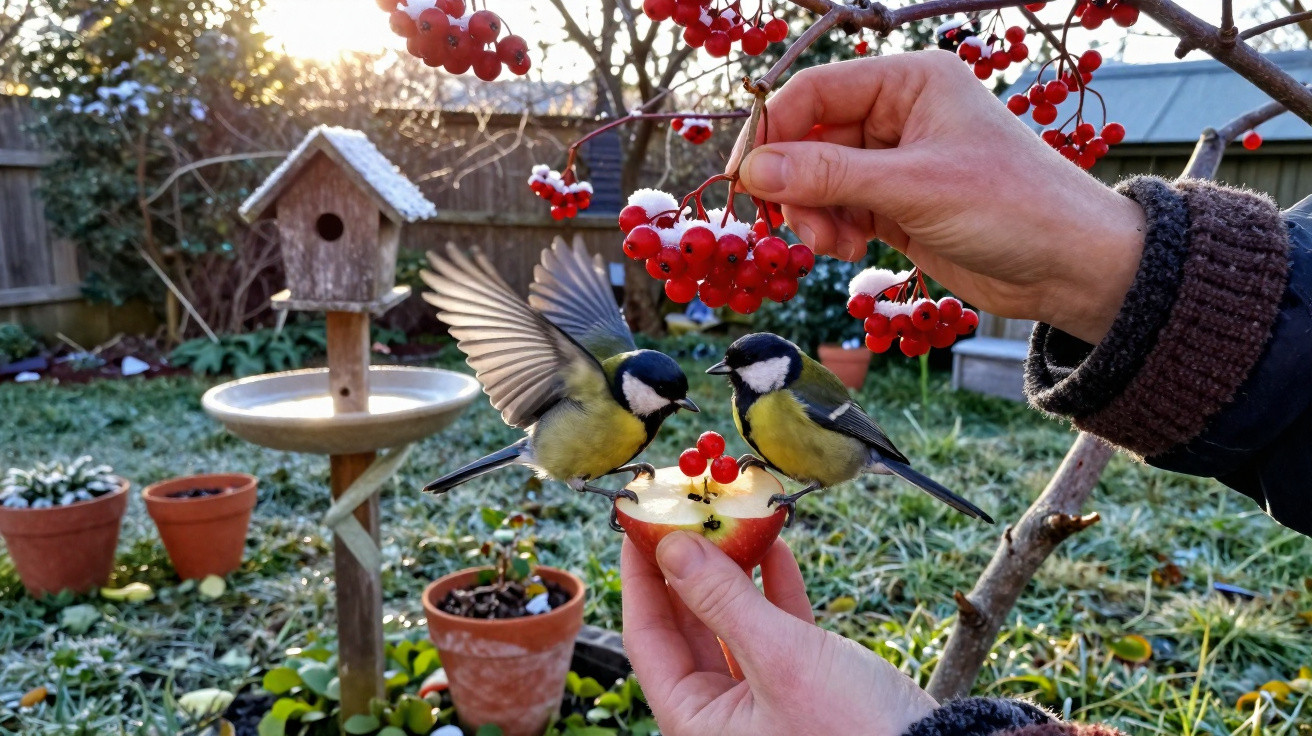 Mãos a alimentar dois pássaros com maçã e bagas vermelhas num jardim com bola de neve.