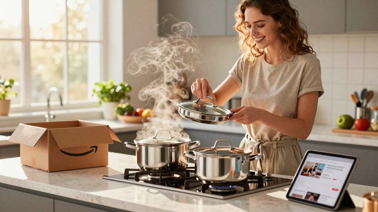 Mulher sorridente a cozinhar em fogão com panelas de aço inox em cozinha moderna e luminosa.