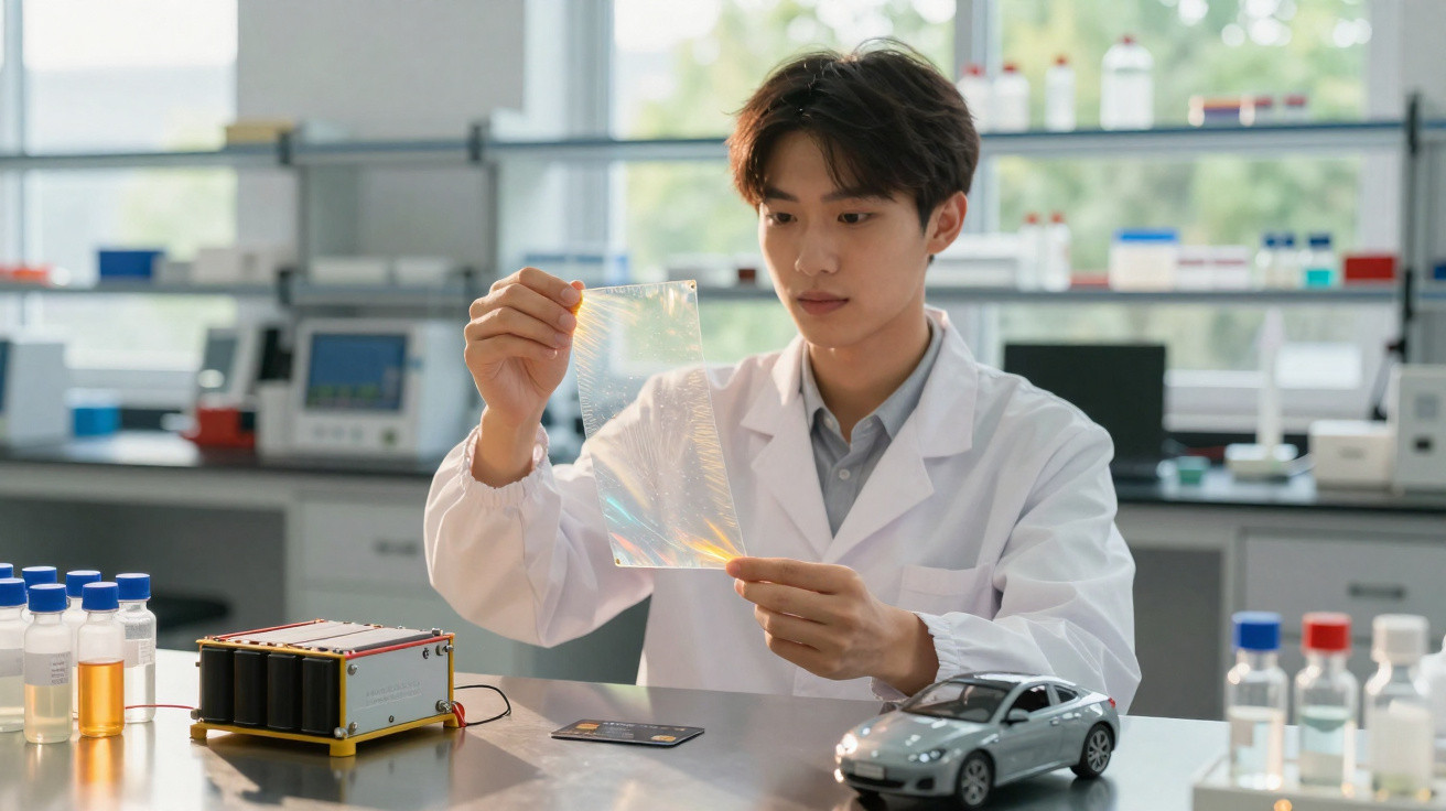 Cientista de bata branca analisa material transparente numa bancada de laboratório com miniatura de carro ao lado.