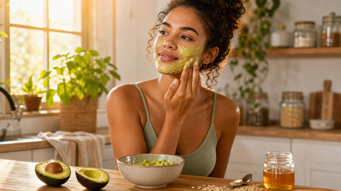 Mulher aplica máscara facial de abacate na cozinha iluminada a luz natural, com ingredientes naturais na bancada.