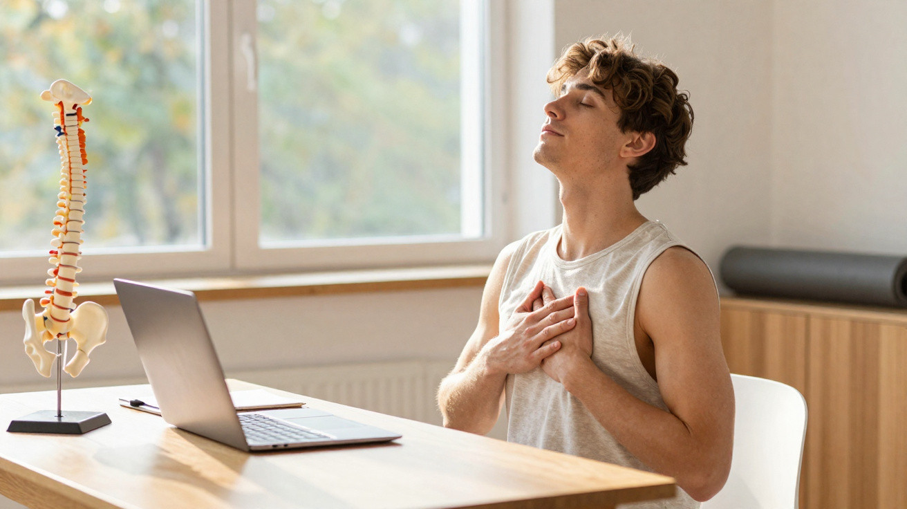 Homem a fazer pausa para respirar fundo sentado numa secretária com portátil e modelo anatómico da coluna vertebral.