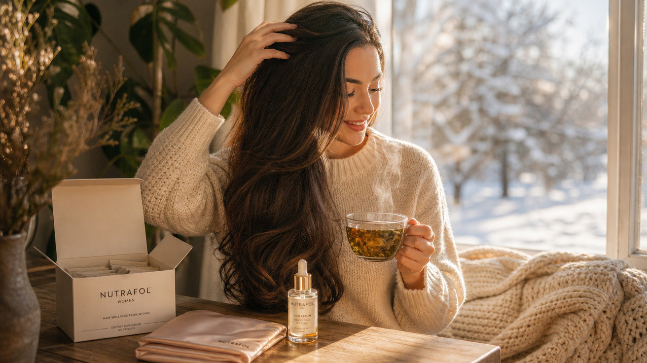 Mulher sentada junto à janela a apreciar chá quente num dia frio de inverno, com produtos Nutrafol na mesa.