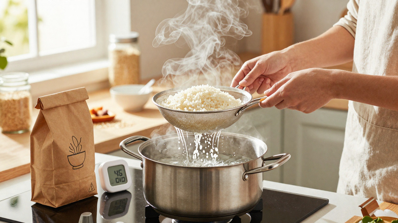 Pessoa a coar arroz num passador sobre uma panela metálica com vapor numa cozinha moderna.