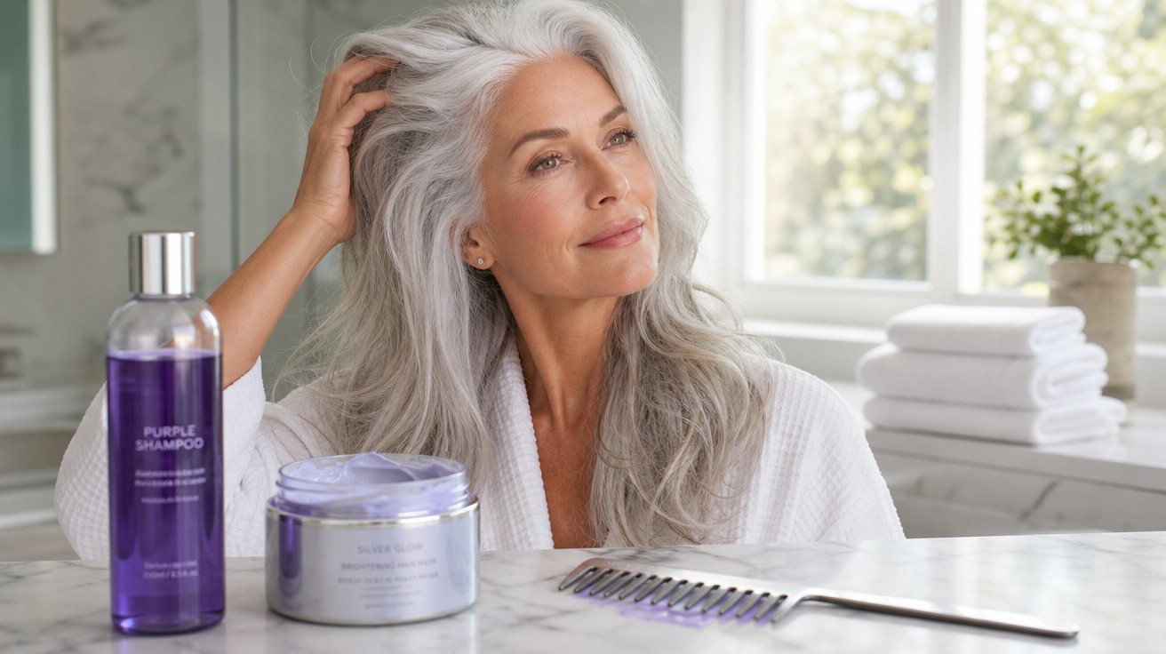 Mulher madura com cabelo grisalho longo cuida do cabelo num espaço luminoso, com produtos de cuidado capilar à frente.