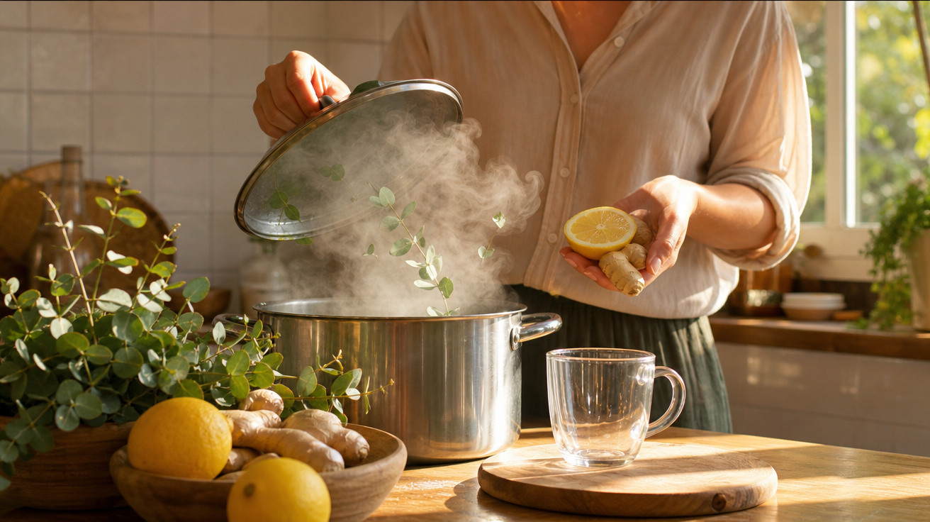 Pessoa a levantar a tampa de um tacho a ferver com ervas aromáticas, limão e gengibre numa cozinha iluminada.