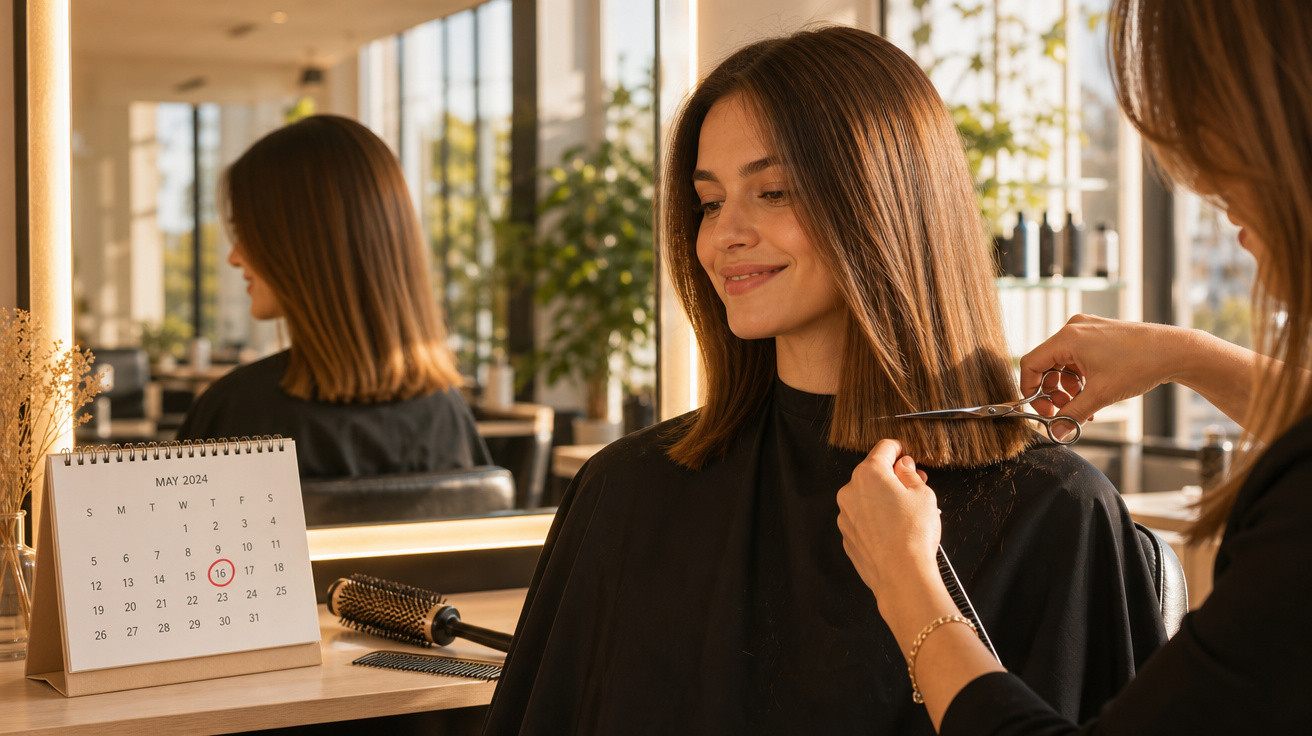 Mulher a sorrir enquanto corta cabelo num cabeleireiro moderno com calendário marcado em 16 de maio de 2024.