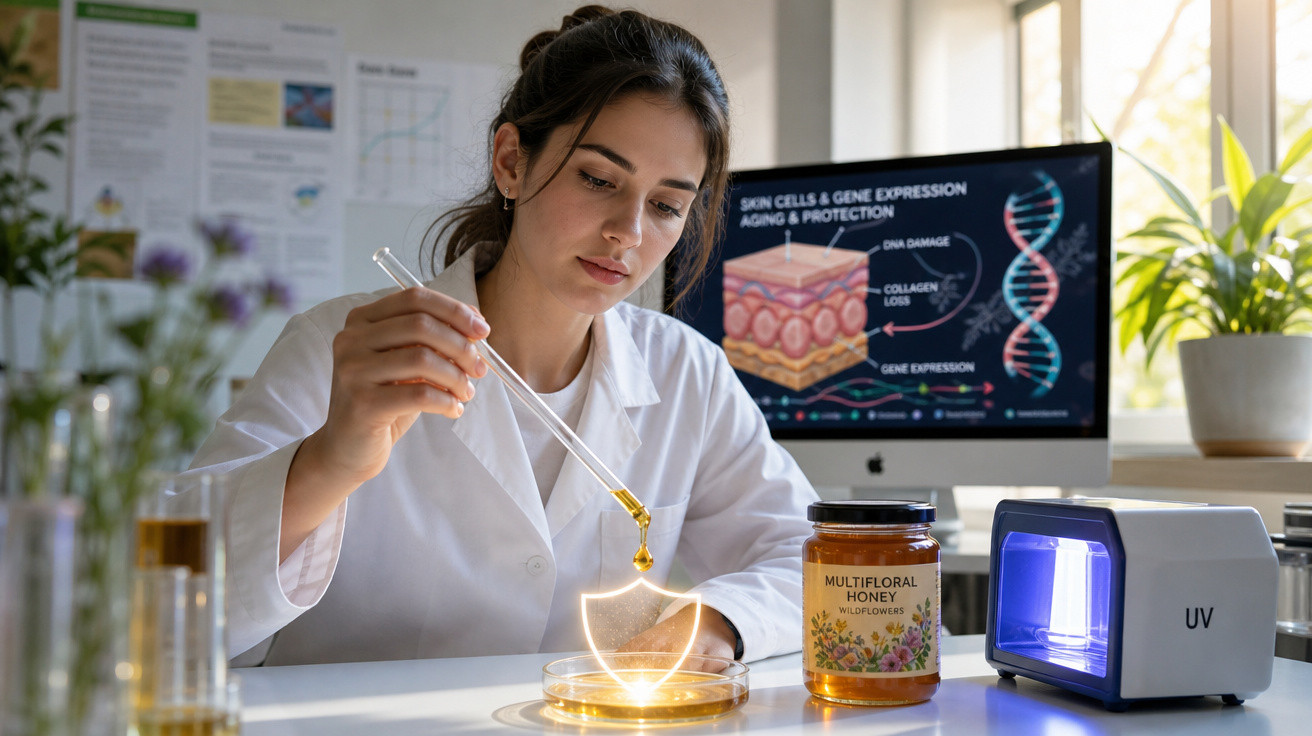 Cientista mulher em laboratório a aplicar mel numa placa de Petri com gráficos de pele ao fundo.
