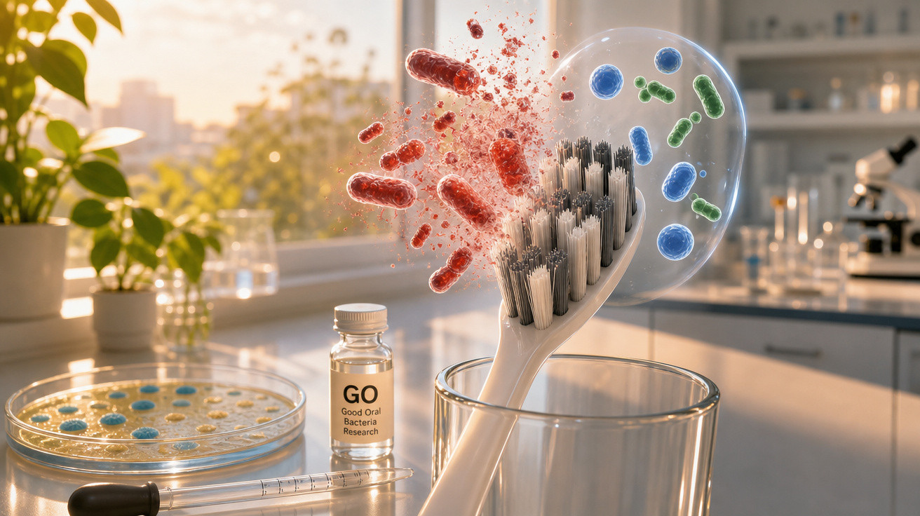 Escova de dentes dentro de copo com bactérias vermelhas a serem eliminadas e bactérias azuis protegidas, em laboratório.