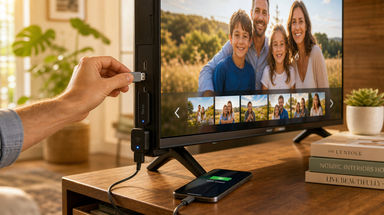 Mão a inserir pen USB em televisão que exibe fotos de família, com smartphone a carregar na mesa.