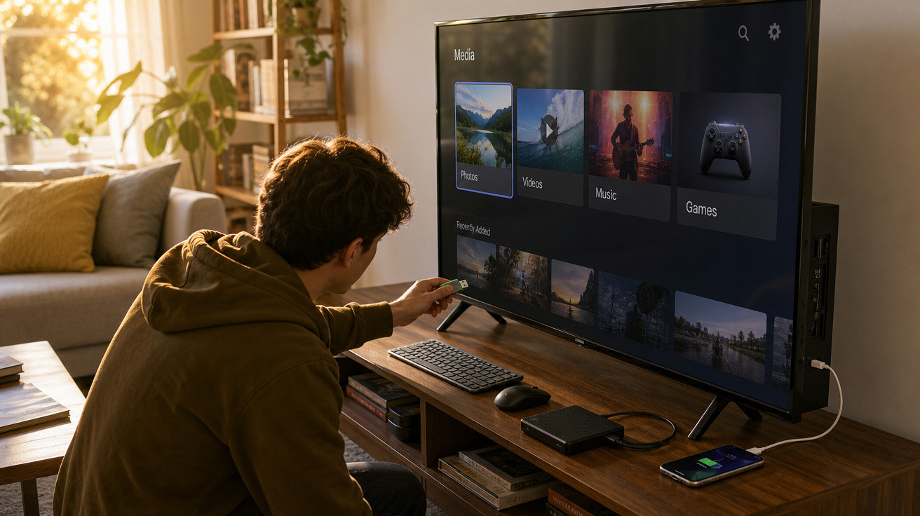 Homem insere pen USB numa televisão grande numa sala acolhedora com luz natural.