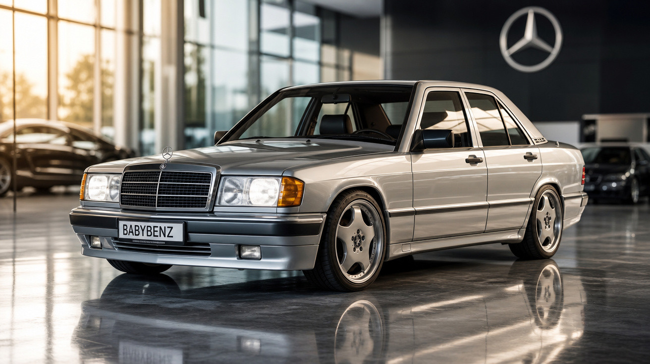 Mercedes-Benz clássico prateado estacionado em piso refletor dentro de showroom moderno.