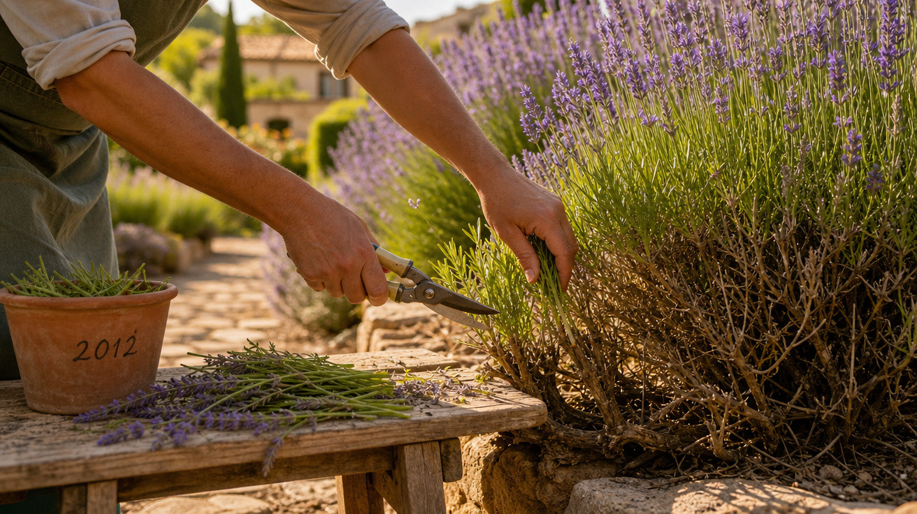 Pessoa a apanhar ramos de lavanda com tesoura de poda num jardim ensolarado.