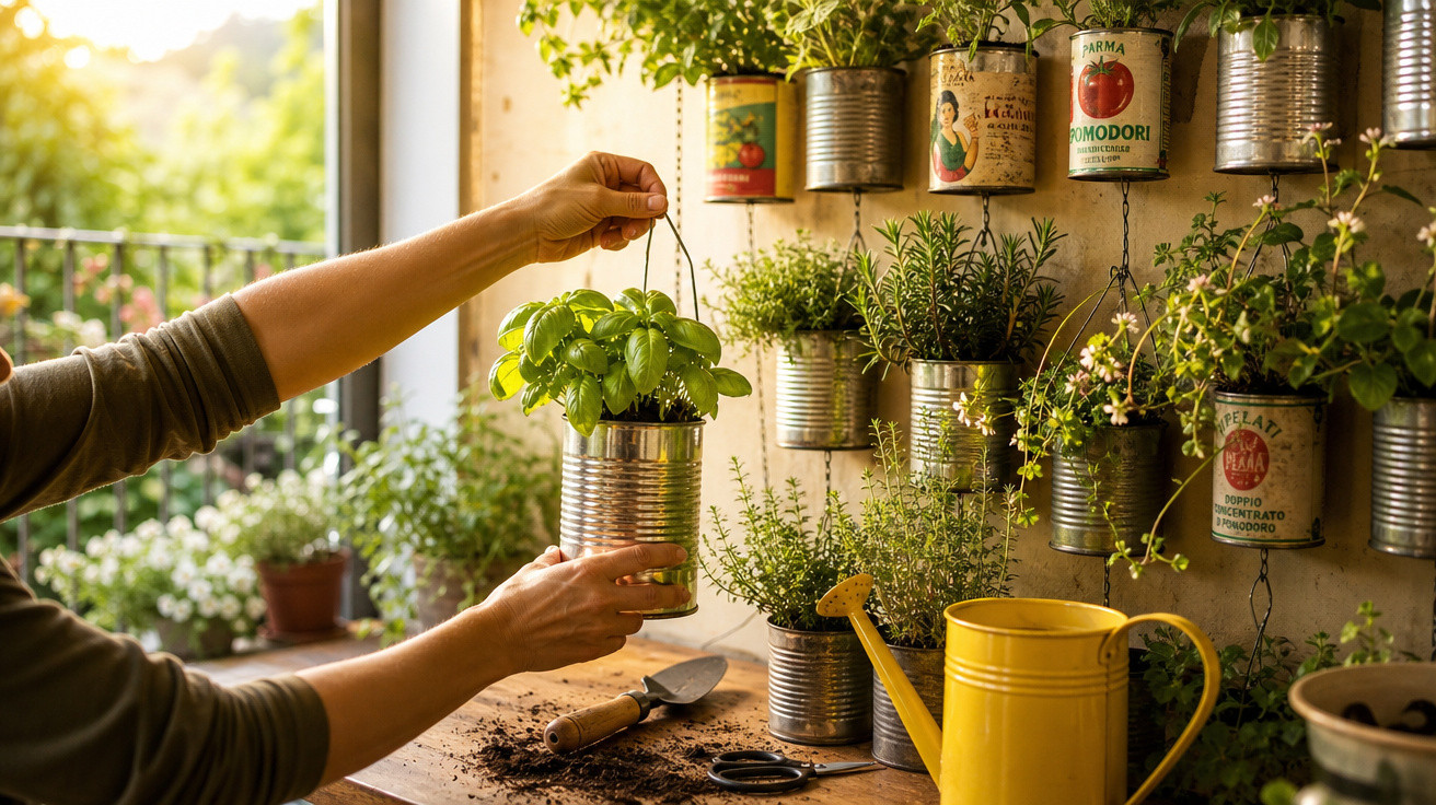 Mãos a cuidar de ervas aromáticas em latas reaproveitadas num jardim interior junto à janela.