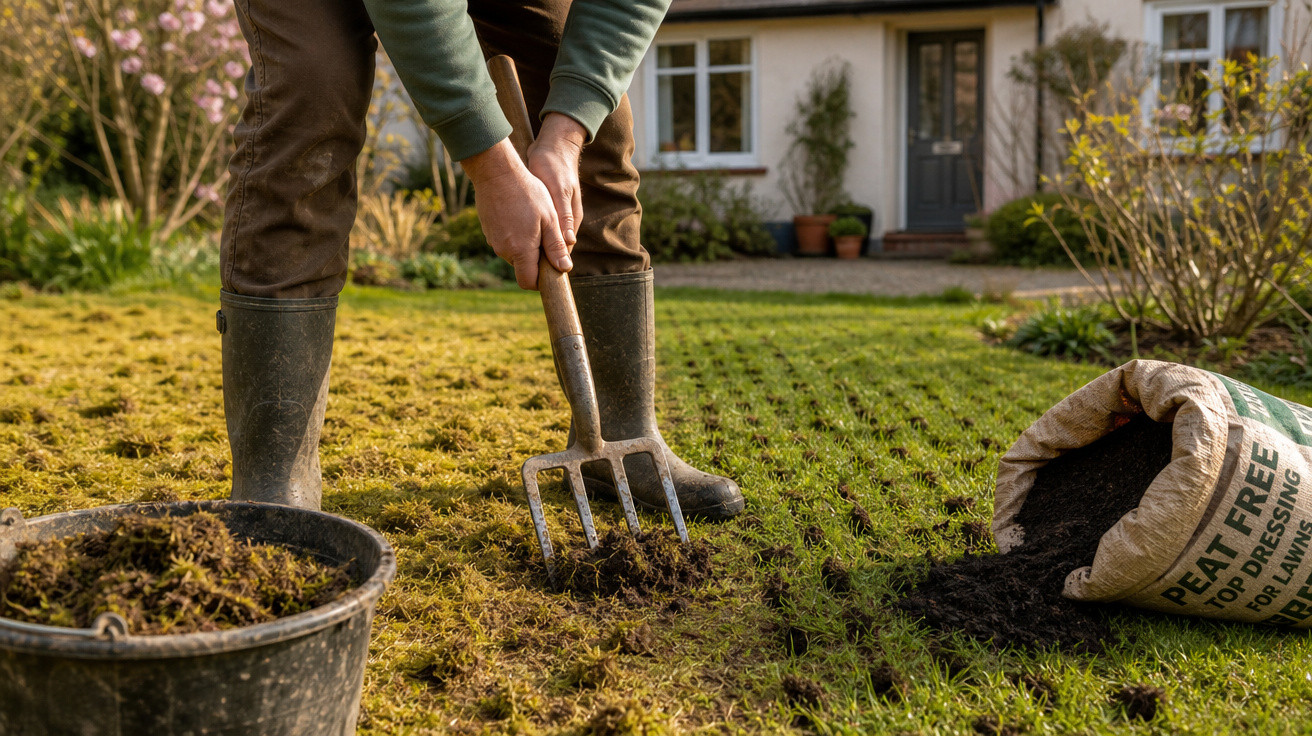 Pessoa com botas de borracha a reparar um relvado com um garfo de jardinagem junto a uma casa.