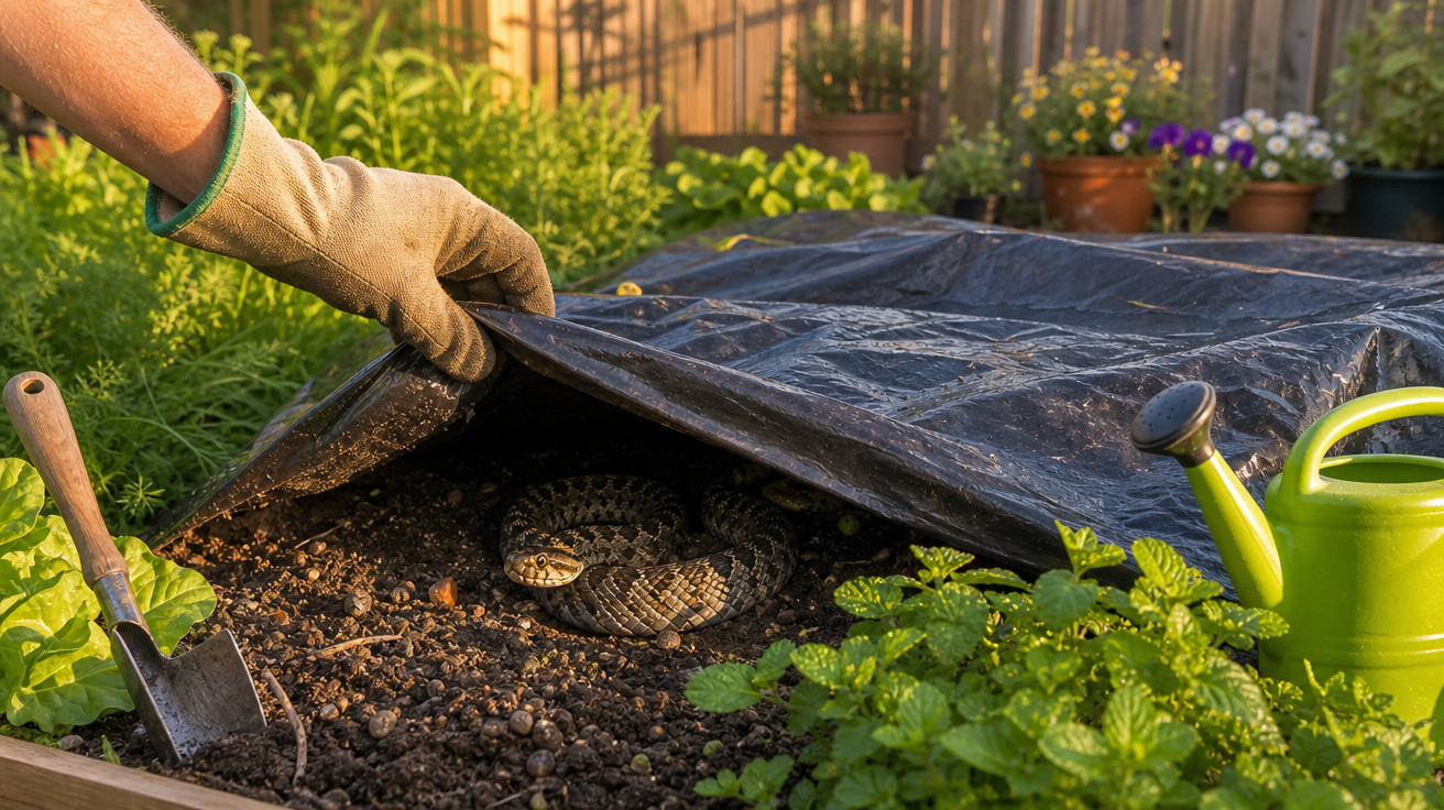 Mão com luva a levantar plástico revelando uma cobra enrolada em terra num jardim com regador e plantas.