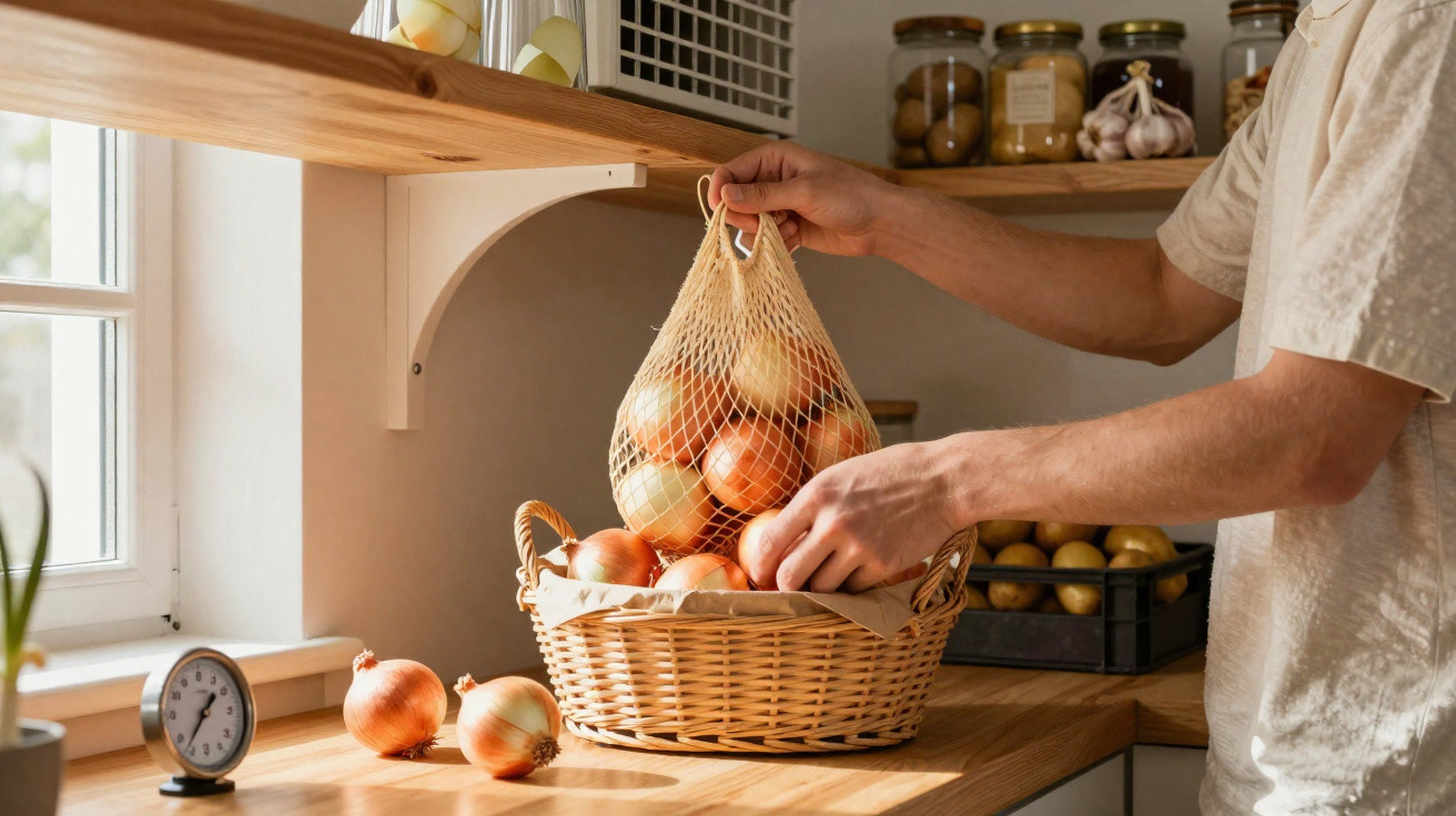 Pessoa a guardar cebolas numa cesta de verga numa cozinha com luz natural junto à janela.