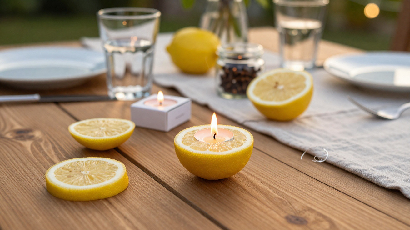 Mesa de madeira decorada com limões, velas acesas e copos de água para refeição ao ar livre.