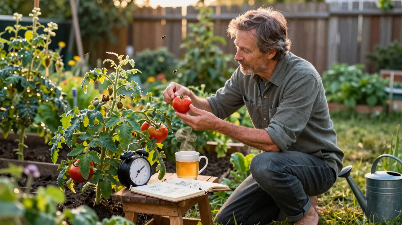 Homem a colher tomate num jardim com chá, despertador e livro numa pequena mesa junto a ele.