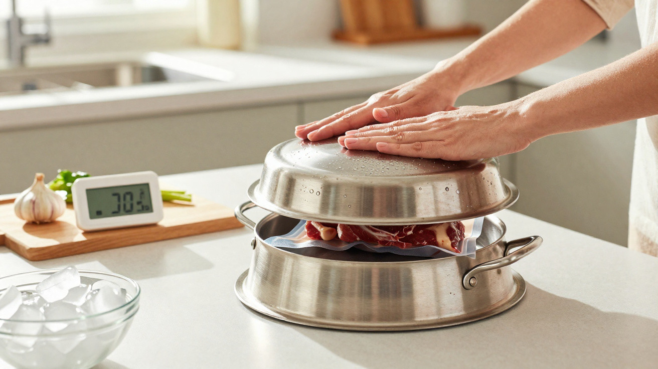 Mãos a pressionar tampa metálica sobre carne em recipiente para arrefecer, com gelo e temporizador na cozinha.