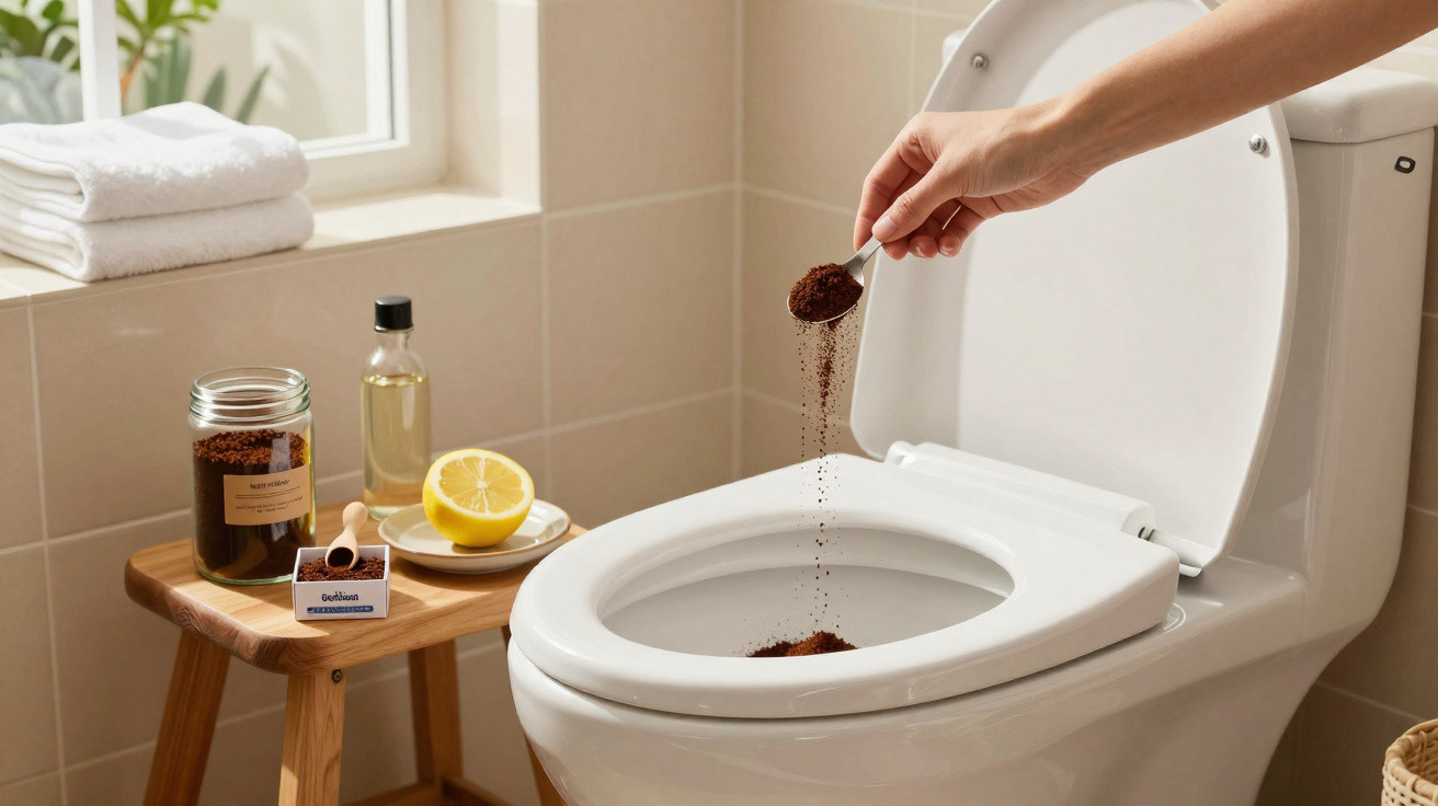 Mão a deitar café moído no interior de um vaso sanitário numa casa de banho com janela e mesa de madeira.