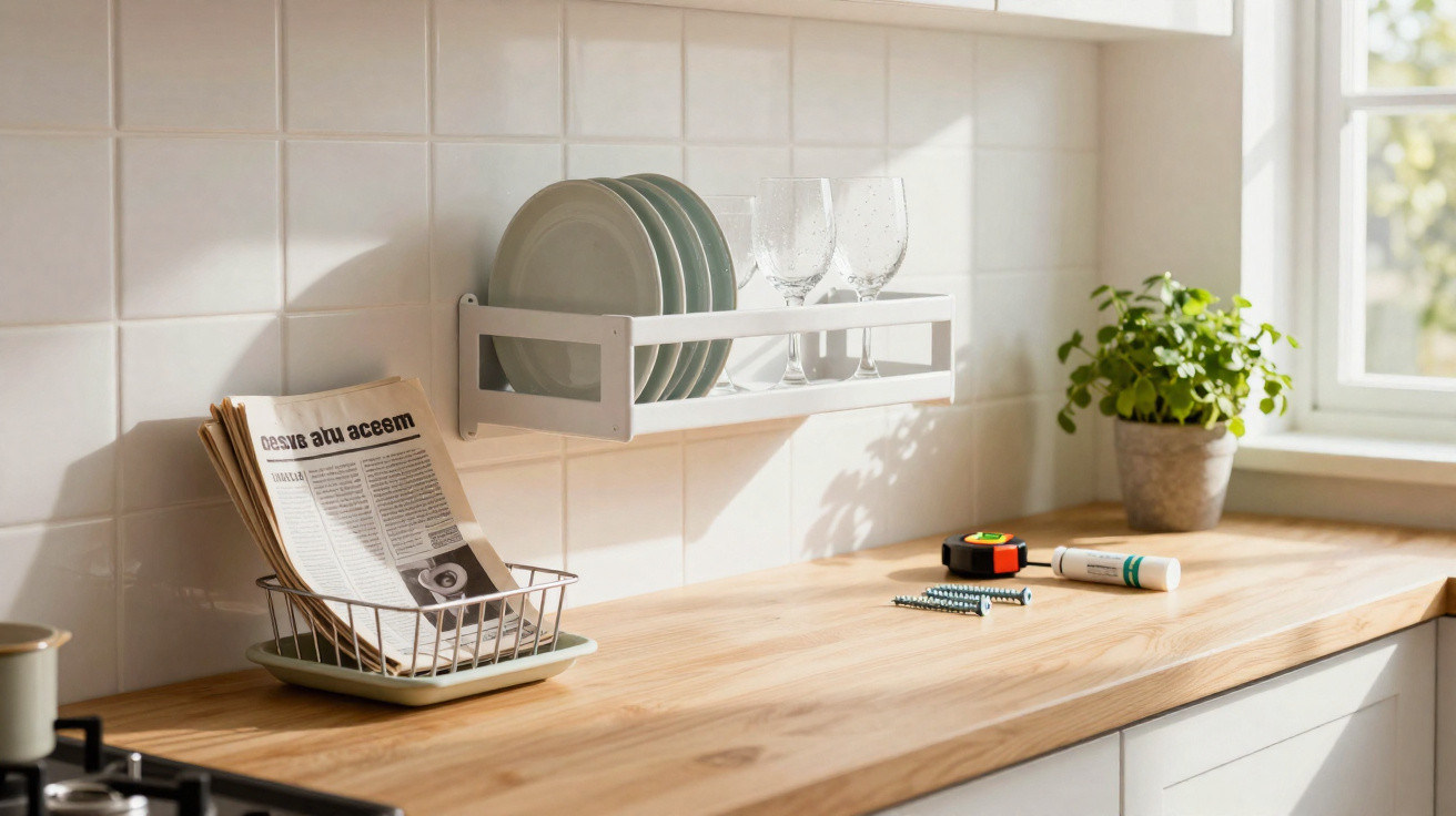 Bancada de cozinha com jornais, pratos, copos, utensílios de medição e planta junto a janela iluminada.