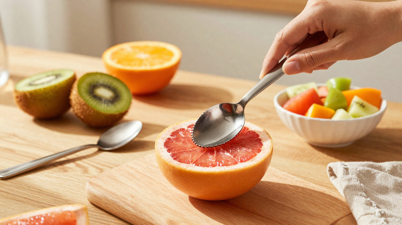 Mão a colher polpa de toranja, com kiwi cortado, laranja e taça de salada de fruta ao fundo sobre mesa de madeira.