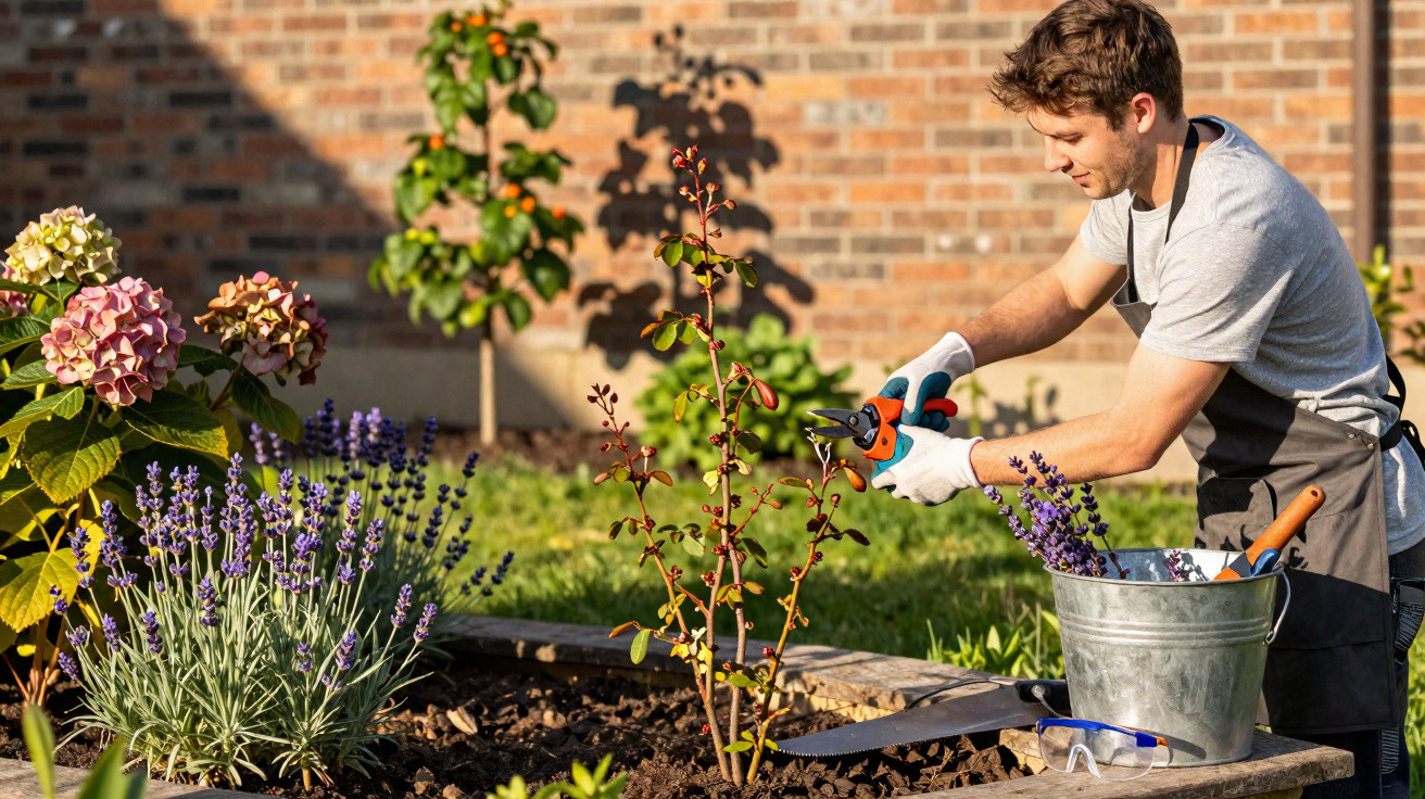 Homem a cuidar de plantas num jardim, podando ramos com tesoura de poda perto de flores coloridas.
