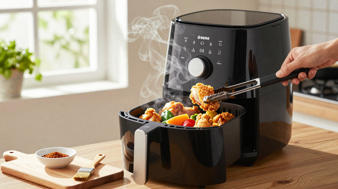 Frango frito e legumes a serem retirados de uma fritadeira elétrica preta numa cozinha iluminada.