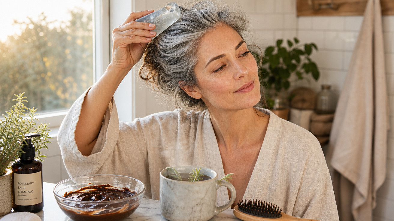 Mulher de cabelos grisalhos aplica gelo no couro cabeludo, sentada numa mesa com chá e produtos de cabelo.