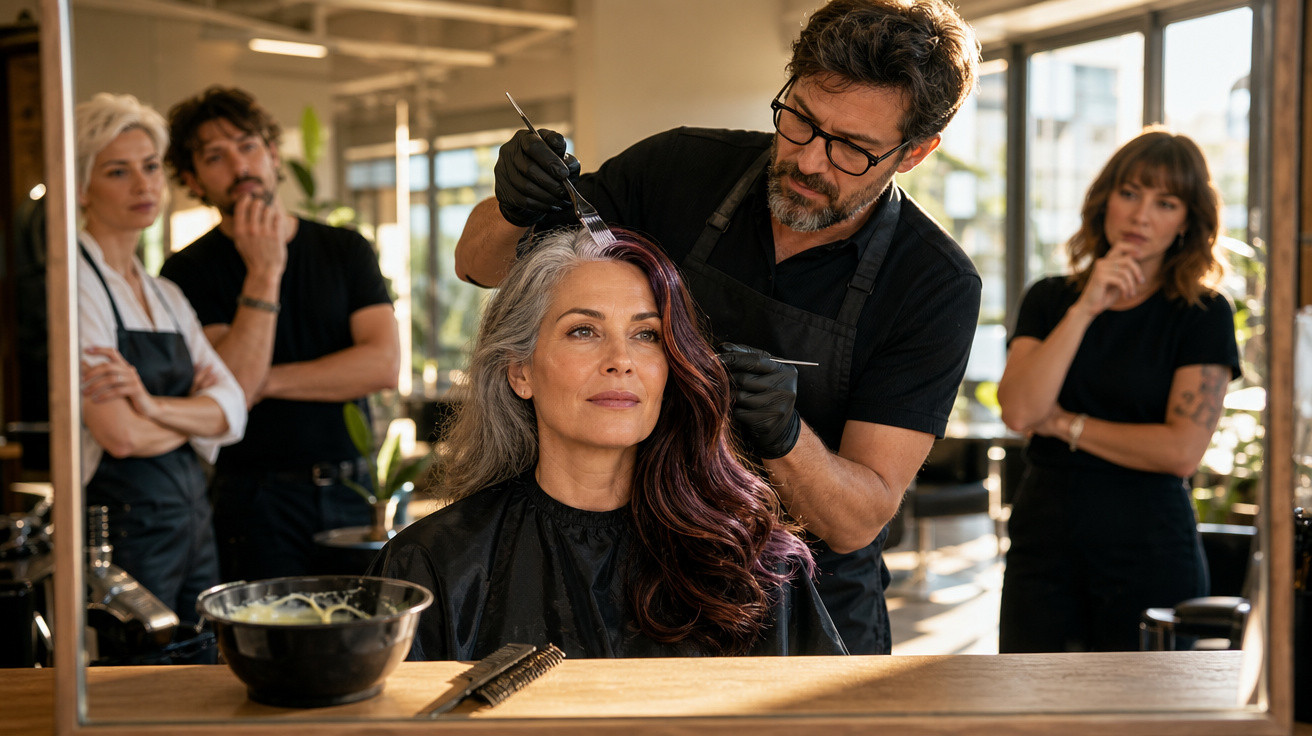 Homem pinta cabelo de mulher com mechas, enquanto outras três pessoas observam num salão de beleza moderno.