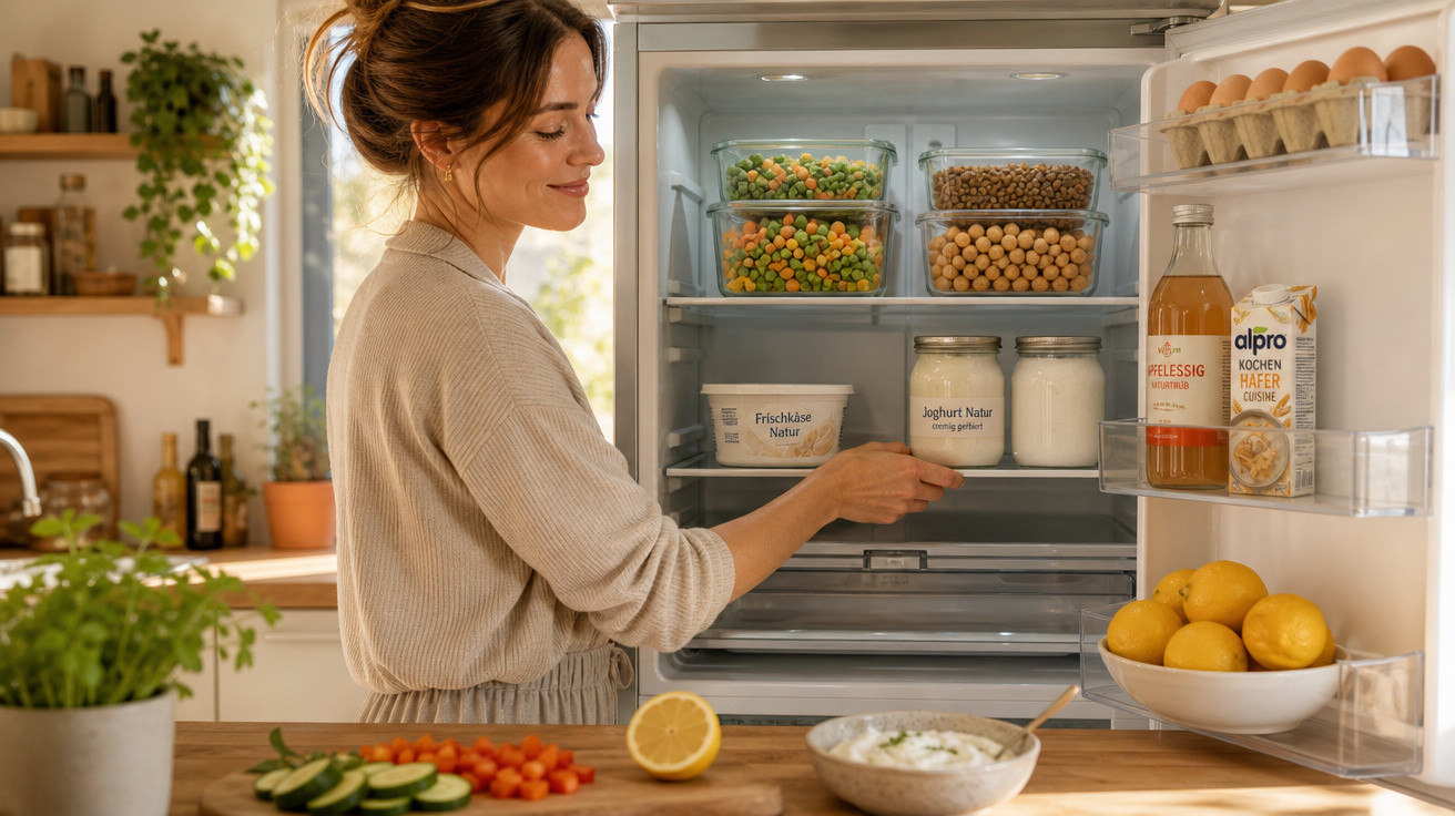 Mulher a preparar alimentos saudáveis na cozinha, com frigorífico aberto cheio de legumes e iogurtes.