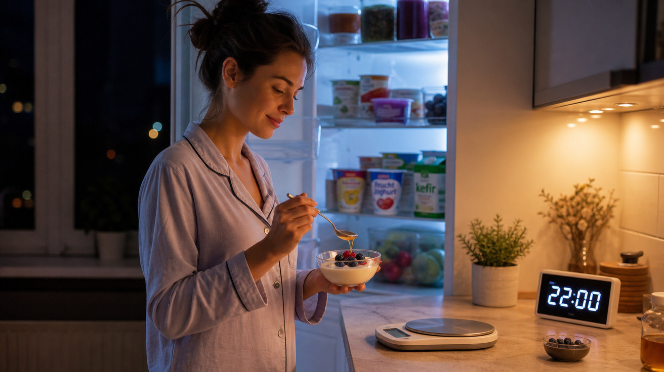 Mulher de pijama a comer iogurte com frutos vermelhos na cozinha à noite, relógio mostra 22:00.