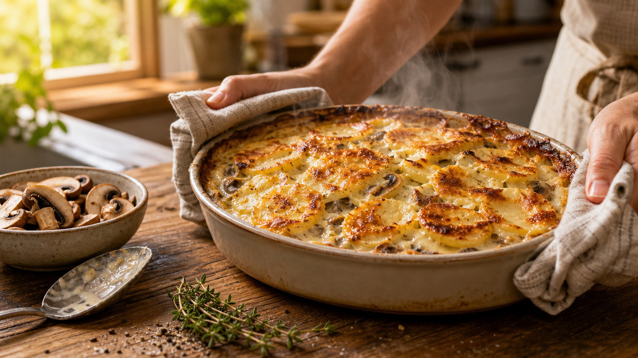 Pessoa a segurar prato assado com batata gratinada e cogumelos numa cozinha iluminada.