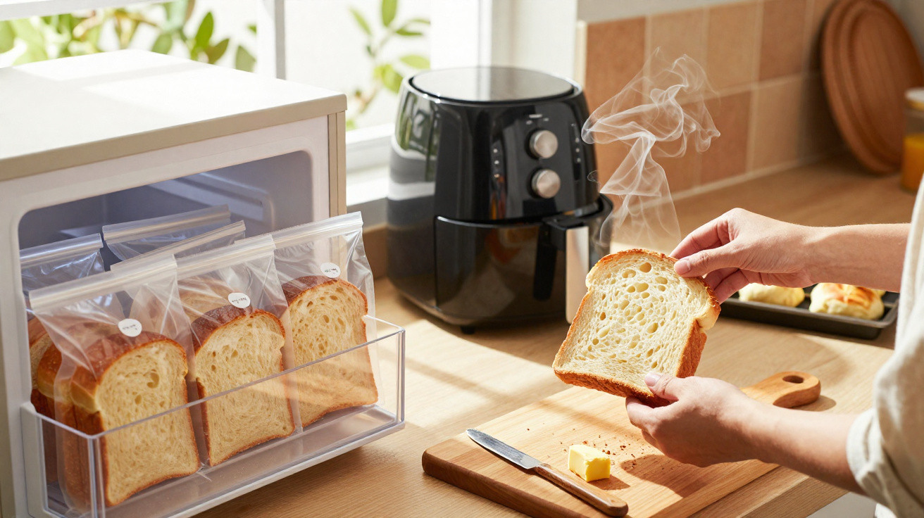 Pão fatiado embalado, mão segurando fatia quente a sair da fritadeira de ar numa cozinha iluminada.