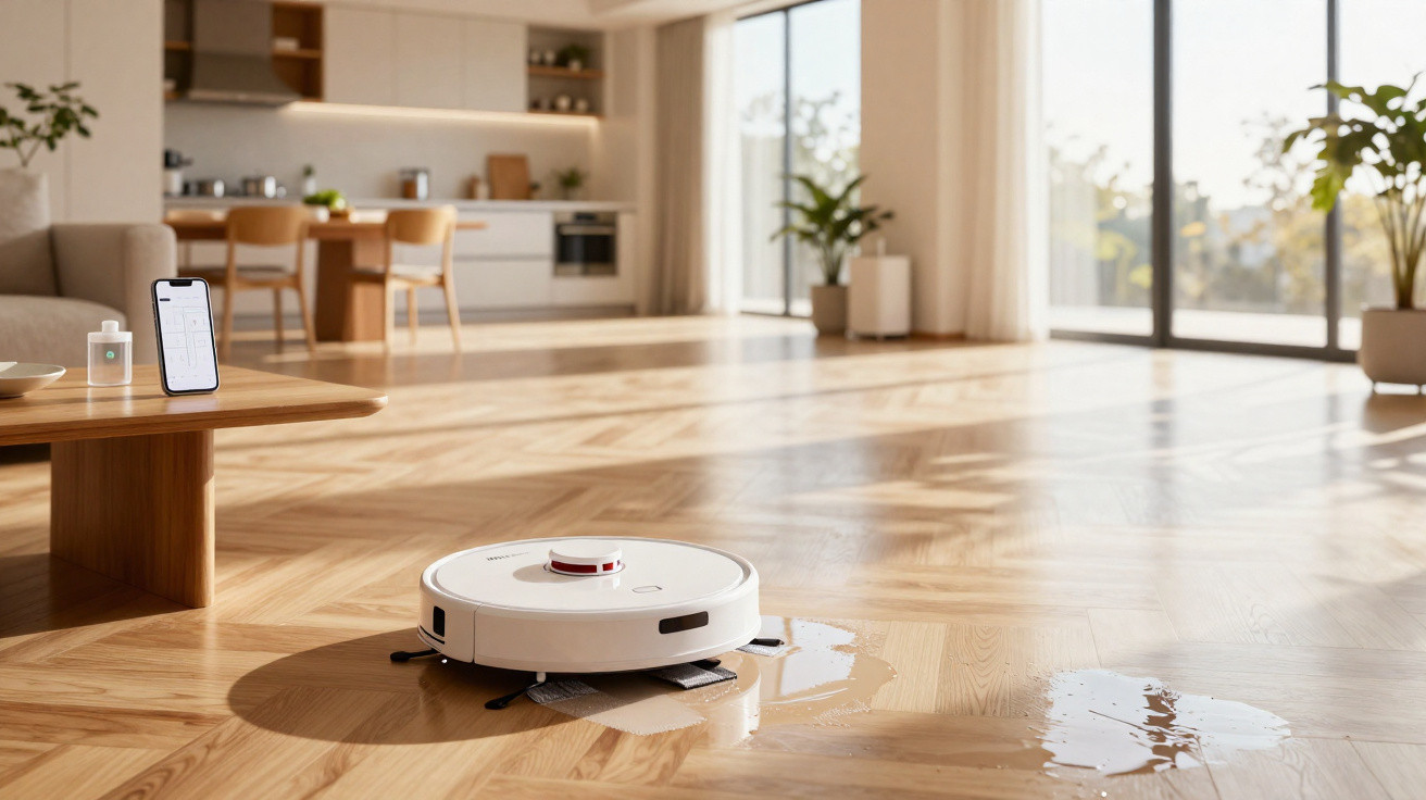 Robô aspirador branco a limpar um líquido no chão de madeira numa sala ampla e luminosa.