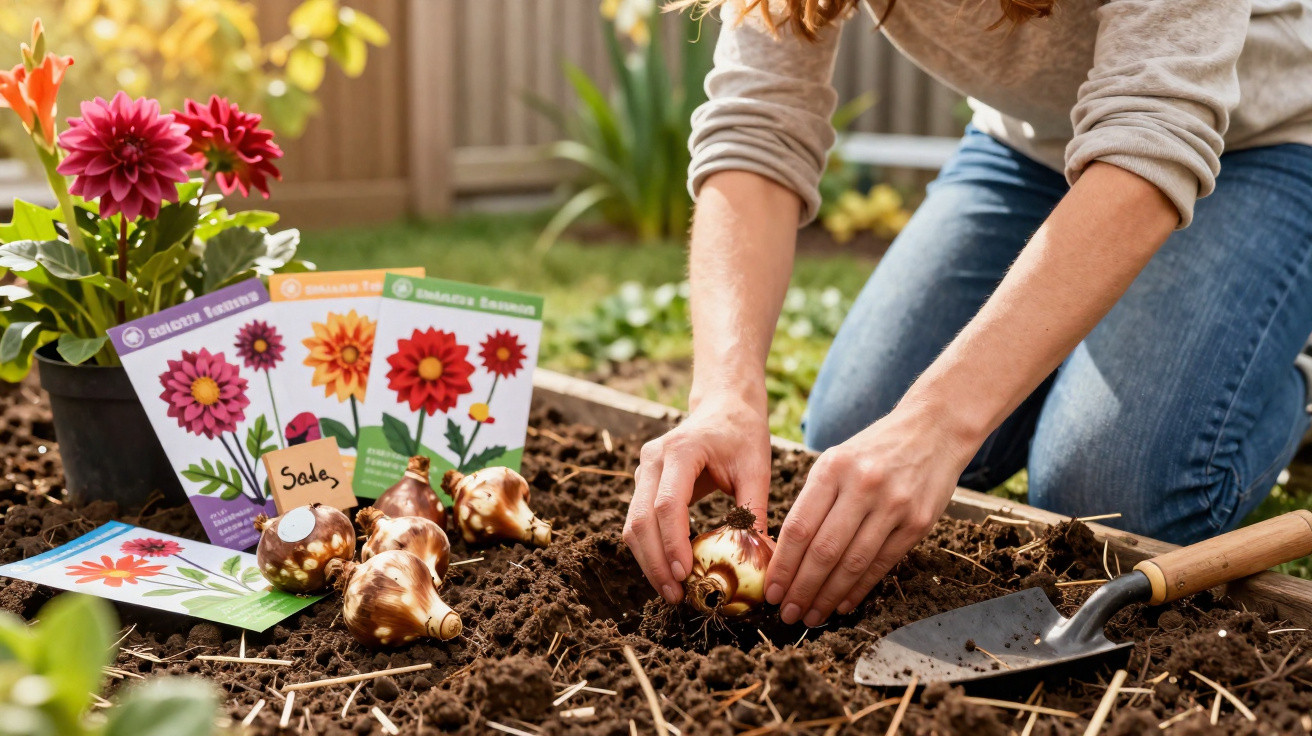 Pessoa a plantar bolbos de flores em solo fértil num jardim com ferramentas e cartões de sementes ao lado.