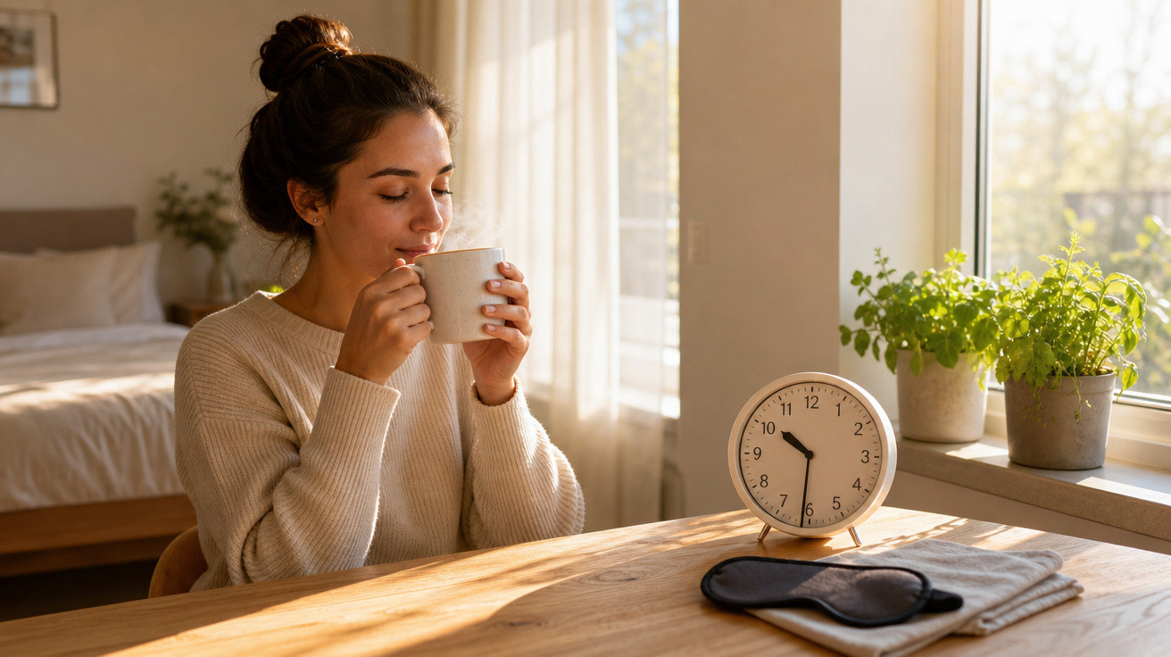 Mulher sentada junto a uma mesa a beber chá ou café, com relógio e plantas ao lado numa manhã ensolarada.