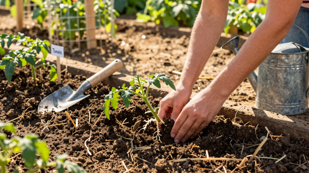 Mãos a plantar uma muda de tomate num canteiro de terra com regador e enxada ao lado.