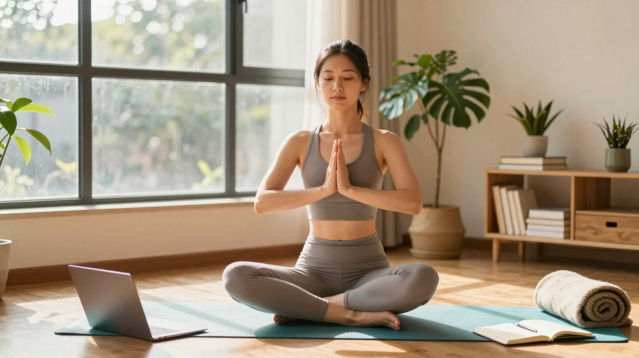 Mulher jovem faz meditação sentada em posição de lótus numa sala com luz natural e plantas decorativas.