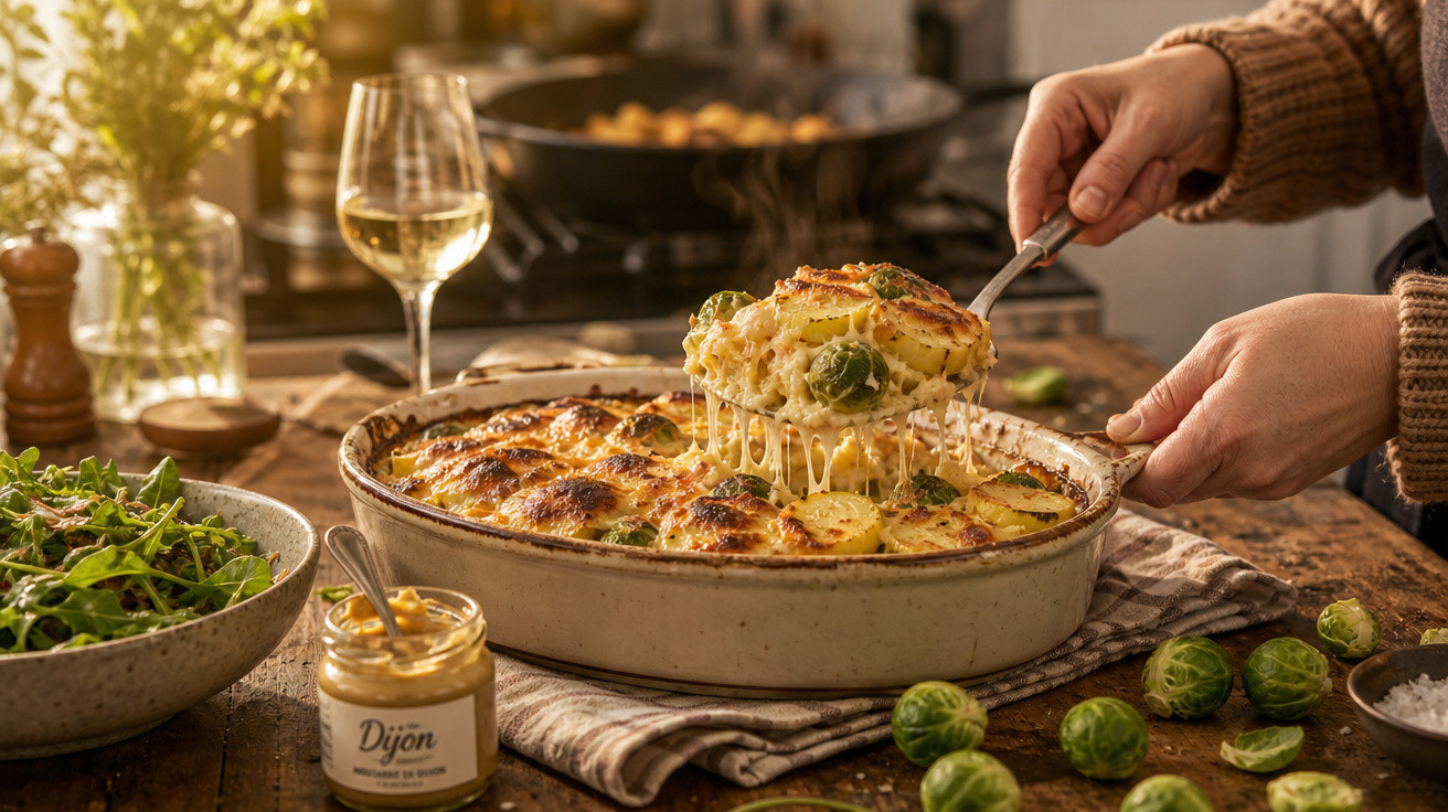 Pessoa a servir gratinado de batata e couve-de-bruxelas com queijo derretido numa cozinha acolhedora.