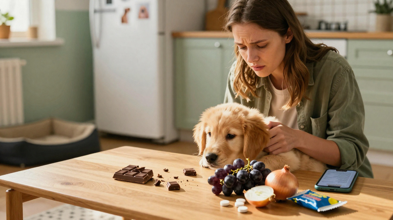 Mulher preocupa-se com cão junto a alimentos perigosos sobre mesa na cozinha.